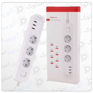 بسته‌بندی محافظ برق هادرون مدل PS-P323 شامل اطلاعات محصول، مناسب برای خرید اینترنتی و بررسی مشخصات فنی